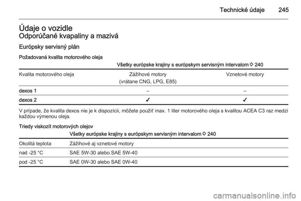 OPEL CORSA 2015.75  Používateľská príručka (in Slovak) Technické údaje245Údaje o vozidleOdporúčané kvapaliny a maziváEurópsky servisný plán Požadovaná kvalita motorového olejaVšetky európske krajiny s európskym servisným intervalom  3 240