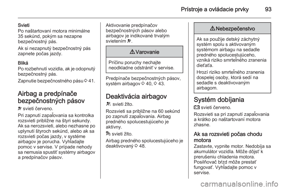 OPEL CORSA 2015.75  Používateľská príručka (in Slovak) Prístroje a ovládacie prvky93
Svieti
Po naštartovaní motora minimálne
35 sekúnd, pokým sa nezapne
bezpečnostný pás.
Ak si nezapnutý bezpečnostný pás
zapnete počas jazdy.
Bliká
Po rozbe