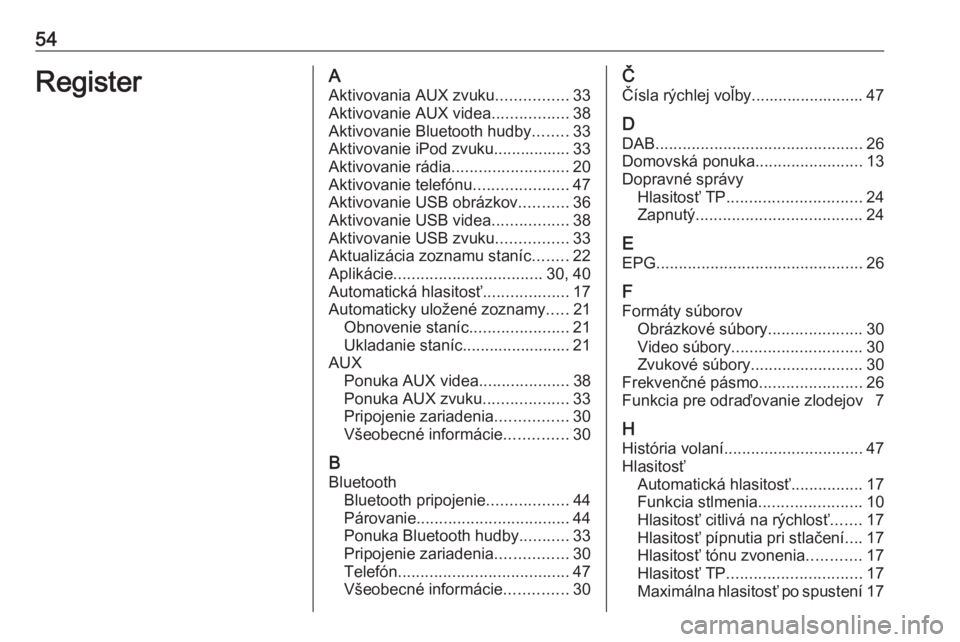 OPEL CORSA 2016  Návod na obsluhu informačného systému (in Slovak) 54RegisterAAktivovania AUX zvuku ................33
Aktivovanie AUX videa .................38
Aktivovanie Bluetooth hudby ........33
Aktivovanie iPod zvuku................. 33
Aktivovanie rádia .....