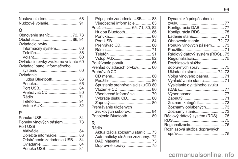 OPEL CORSA 2016  Návod na obsluhu informačného systému (in Slovak) 99Nastavenia tónu............................ 68
Núdzové volanie ........................... 91
O Obnovenie staníc ...................72, 73
Obsluha .................................. 86, 91
Ovlá