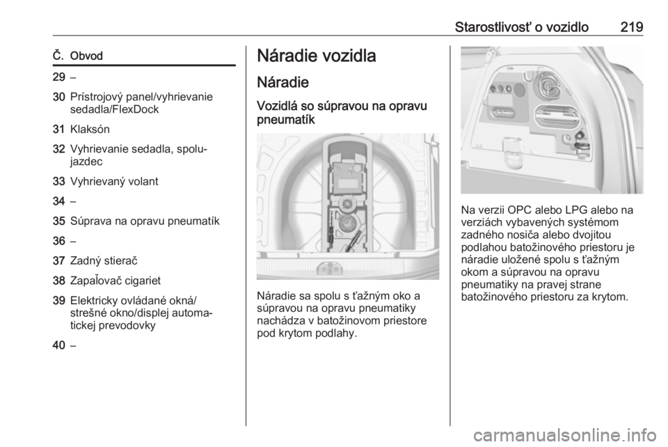 OPEL CORSA 2016  Používateľská príručka (in Slovak) Starostlivosť o vozidlo219Č.Obvod29–30Prístrojový panel/vyhrievanie
sedadla/FlexDock31Klaksón32Vyhrievanie sedadla, spolu‐
jazdec33Vyhrievaný volant34–35Súprava na opravu pneumatík36–3