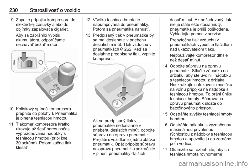 OPEL CORSA 2016  Používateľská príručka (in Slovak) 230Starostlivosť o vozidlo9. Zapojte prípojku kompresora doelektrickej zásuvky alebo do
objímky zapaľovača cigariet.
Aby sa zabránilo vybitiu
akumulátora, odporúčame
nechávať bežať motor