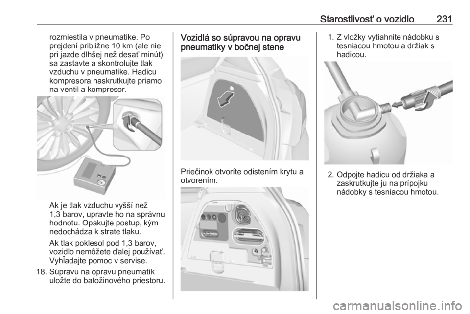 OPEL CORSA 2016  Používateľská príručka (in Slovak) Starostlivosť o vozidlo231rozmiestila v pneumatike. Po
prejdení približne 10 km (ale nie pri jazde dlhšej než desať minút)
sa zastavte a skontrolujte tlak
vzduchu v pneumatike. Hadicu
kompresor