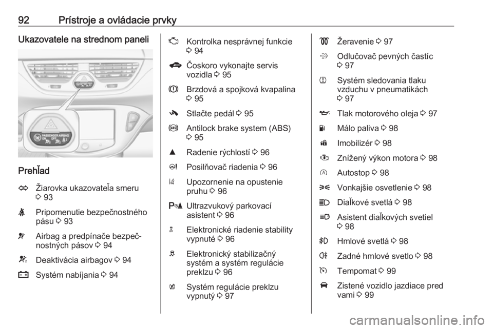 OPEL CORSA 2016  Používateľská príručka (in Slovak) 92Prístroje a ovládacie prvkyUkazovatele na strednom paneli
Prehľad
OŽiarovka ukazovateľa smeru
3  93XPripomenutie bezpečnostného
pásu  3 93vAirbag a predpínače bezpeč‐
nostných pásov  