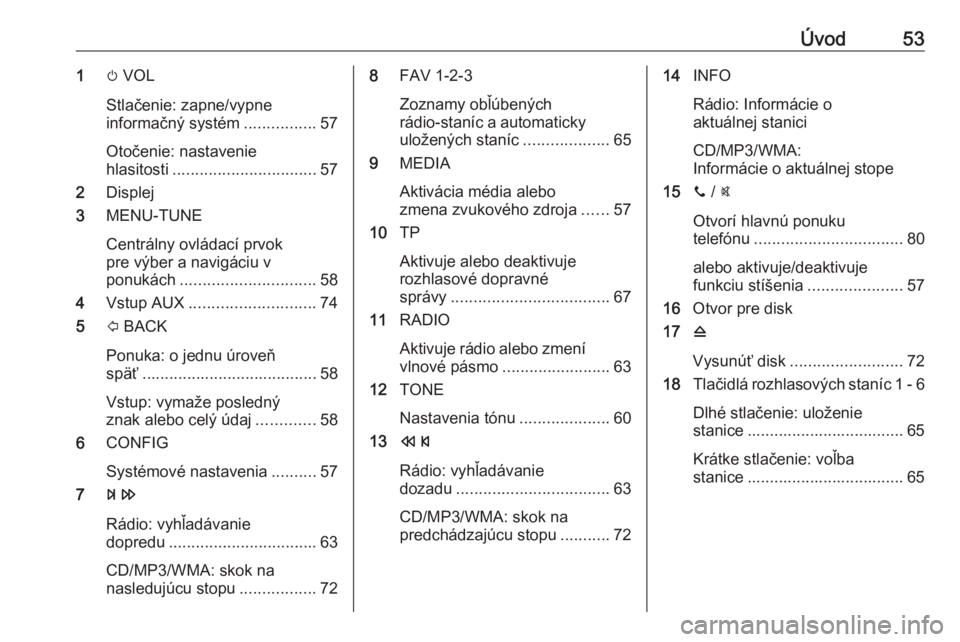 OPEL CORSA 2016.5  Návod na obsluhu informačného systému (in Slovak) Úvod531m VOL
Stlačenie: zapne/vypne
informačný systém ................57
Otočenie: nastavenie
hlasitosti ................................ 57
2 Displej
3 MENU-TUNE
Centrálny ovládací prvok
pre