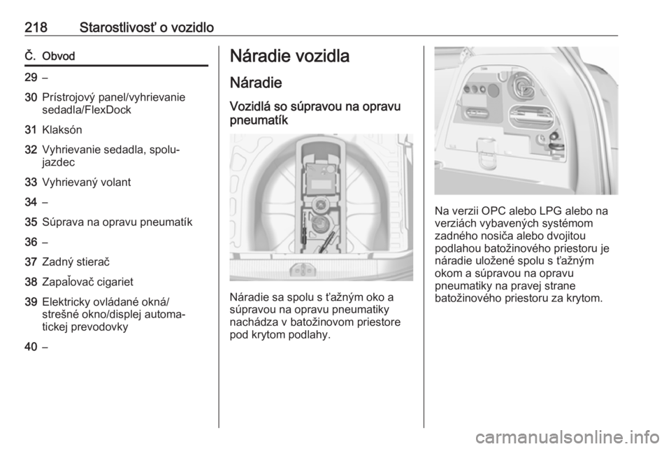 OPEL CORSA 2016.5  Používateľská príručka (in Slovak) 218Starostlivosť o vozidloČ.Obvod29–30Prístrojový panel/vyhrievanie
sedadla/FlexDock31Klaksón32Vyhrievanie sedadla, spolu‐
jazdec33Vyhrievaný volant34–35Súprava na opravu pneumatík36–3