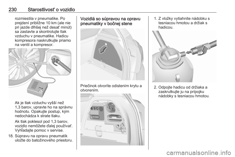 OPEL CORSA 2016.5  Používateľská príručka (in Slovak) 230Starostlivosť o vozidlorozmiestila v pneumatike. Po
prejdení približne 10 km (ale nie pri jazde dlhšej než desať minút)
sa zastavte a skontrolujte tlak
vzduchu v pneumatike. Hadicu
kompresor