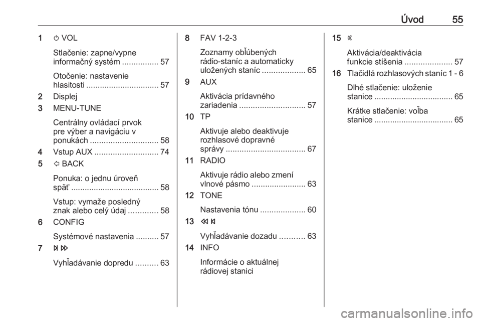 OPEL CORSA 2017  Návod na obsluhu informačného systému (in Slovak) Úvod551m VOL
Stlačenie: zapne/vypne
informačný systém ................57
Otočenie: nastavenie
hlasitosti ................................ 57
2 Displej
3 MENU-TUNE
Centrálny ovládací prvok
pre