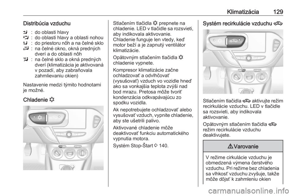 OPEL CORSA 2017  Používateľská príručka (in Slovak) Klimatizácia129Distribúcia vzduchuM:do oblasti hlavyL:do oblasti hlavy a oblasti nohouK:do priestoru nôh a na čelné skloJ:na čelné okno, okná predných
dverí a do oblasti nôhl:na čelné skl