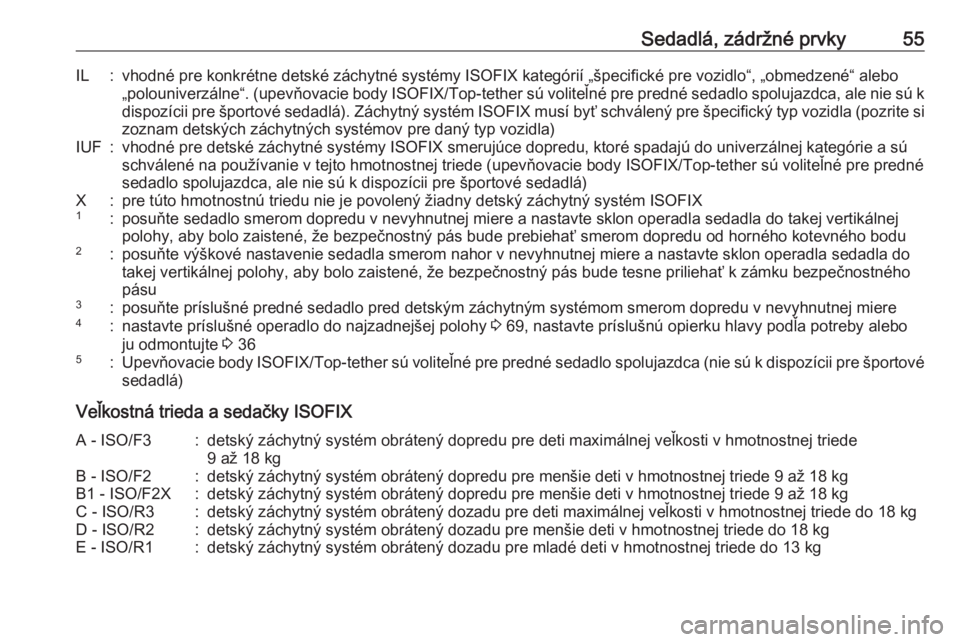 OPEL CORSA 2017  Používateľská príručka (in Slovak) Sedadlá, zádržné prvky55IL:vhodné pre konkrétne detské záchytné systémy ISOFIX kategórií „špecifické pre vozidlo“, „obmedzené“ alebo„polouniverzálne“. (upevňovacie body  I