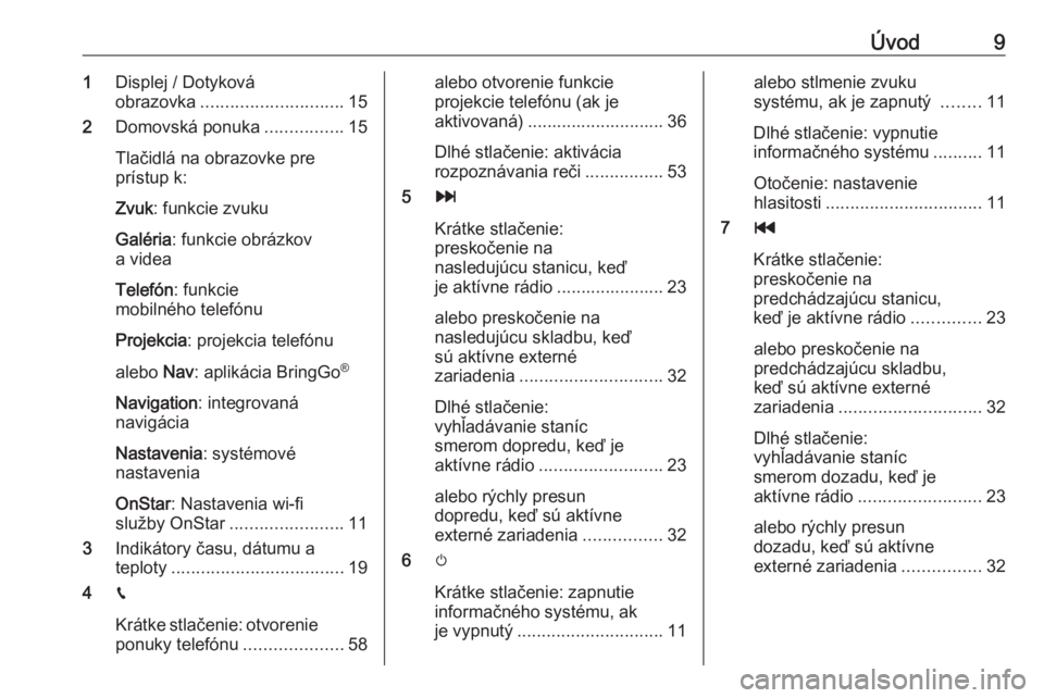 OPEL CORSA E 2017.5  Návod na obsluhu informačného systému (in Slovak) Úvod91Displej / Dotyková
obrazovka ............................. 15
2 Domovská ponuka ................15
Tlačidlá na obrazovke pre
prístup k:
Zvuk : funkcie zvuku
Galéria : funkcie obrázkov
a 