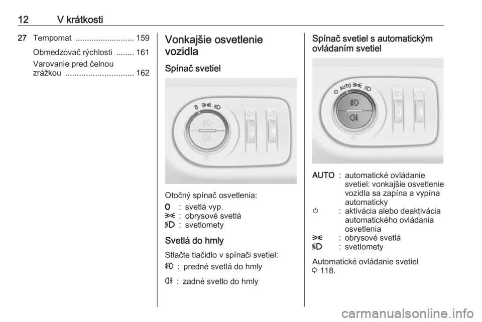 OPEL CORSA E 2017.5  Používateľská príručka (in Slovak) 12V krátkosti27Tempomat  .......................... 159
Obmedzovač rýchlosti  ........ 161
Varovanie pred čelnou
zrážkou  .............................. 162Vonkajšie osvetlenie
vozidla
Spínač
