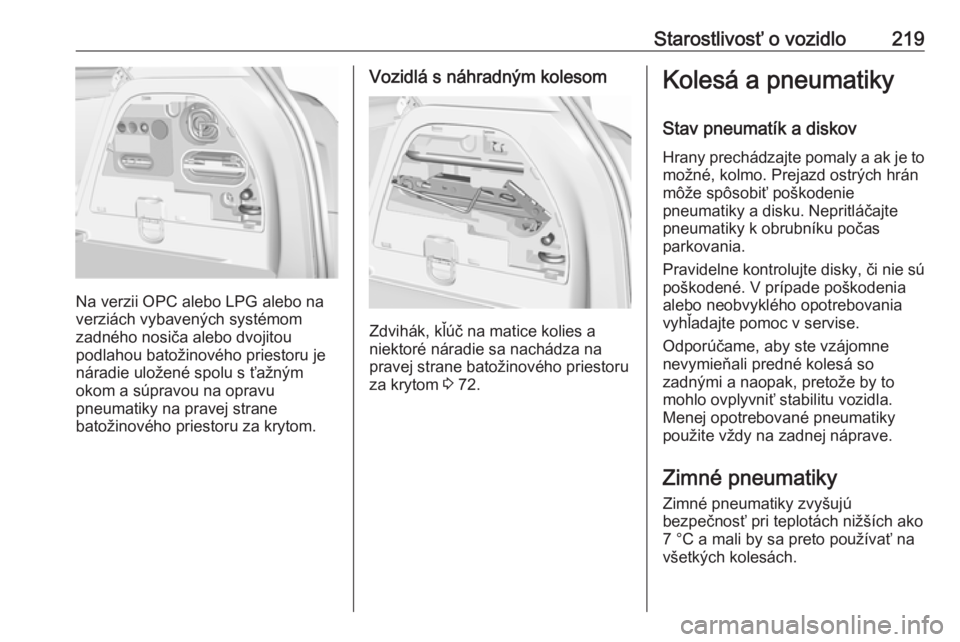 OPEL CORSA E 2017.5  Používateľská príručka (in Slovak) Starostlivosť o vozidlo219
Na verzii OPC alebo LPG alebo na
verziách vybavených systémom
zadného nosiča alebo dvojitou
podlahou batožinového priestoru je
náradie uložené spolu s ťažným
o