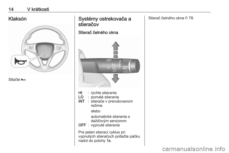 OPEL CORSA E 2018  Používateľská príručka (in Slovak) 14V krátkostiKlaksón
Stlačte j.
Systémy ostrekovača a
stieračov
Stierač čelného oknaHI:rýchle stieranieLO:pomalé stieranieINT:stierače v prerušovanom
režime
alebo
automatické stieranie 