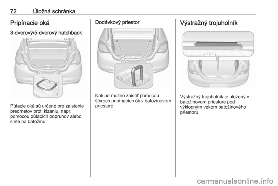 OPEL CORSA E 2018  Používateľská príručka (in Slovak) 72Úložná schránkaPripínacie oká
3-dverový/5-dverový hatchback
Pútacie oká sú určené pre zaistenie
predmetov proti kĺzaniu, napr.
pomocou pútacích popruhov alebo siete na batožinu.
Dod