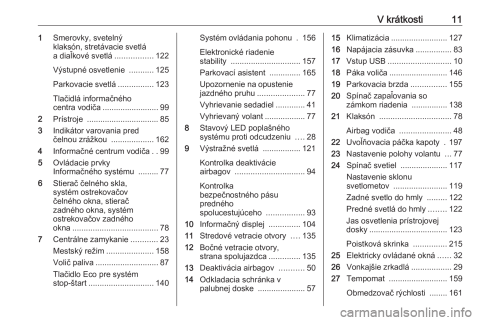OPEL CORSA E 2018.5  Používateľská príručka (in Slovak) V krátkosti111Smerovky, svetelný
klaksón, stretávacie svetlá a diaľkové svetlá .................122
Výstupné osvetlenie  ...........125
Parkovacie svetlá ................123
Tlačidlá info