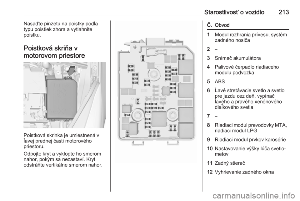 OPEL CORSA E 2018.5  Používateľská príručka (in Slovak) Starostlivosť o vozidlo213Nasaďte pinzetu na poistky podľa
typu poistiek zhora a vytiahnite
poistku.
Poistková skriňa v
motorovom priestore
Poistková skrinka je umiestnená v
ľavej prednej čas