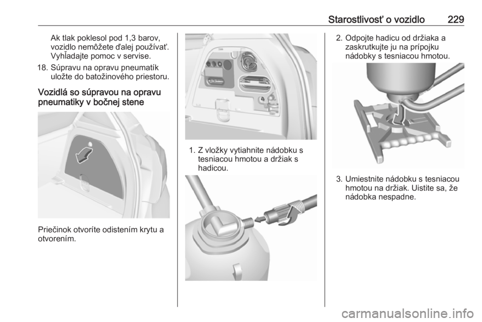 OPEL CORSA E 2018.5  Používateľská príručka (in Slovak) Starostlivosť o vozidlo229Ak tlak poklesol pod 1,3 barov,
vozidlo nemôžete ďalej používať.
Vyhľadajte pomoc v servise.
18. Súpravu na opravu pneumatík uložte do batožinového priestoru.
Vo