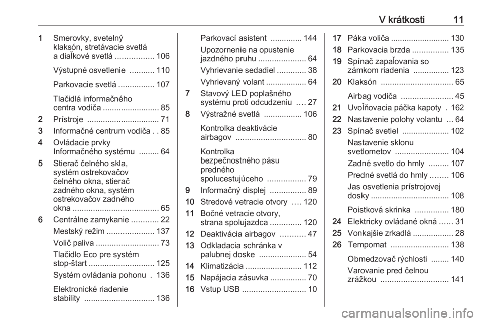 OPEL CORSA E 2019  Používateľská príručka (in Slovak) V krátkosti111Smerovky, svetelný
klaksón, stretávacie svetlá a diaľkové svetlá .................106
Výstupné osvetlenie  ...........110
Parkovacie svetlá ................107
Tlačidlá info