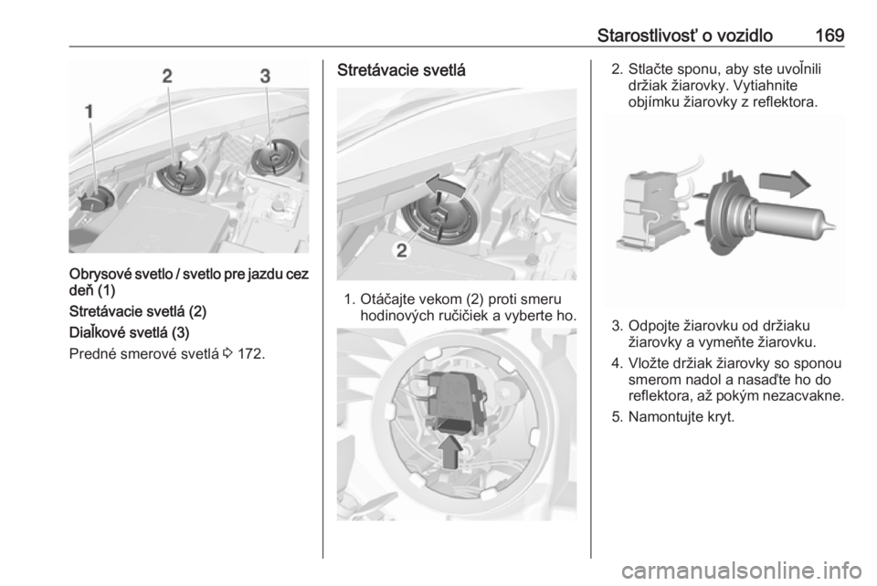 OPEL CORSA E 2019  Používateľská príručka (in Slovak) Starostlivosť o vozidlo169
Obrysové svetlo / svetlo pre jazdu cezdeň (1)
Stretávacie svetlá (2)
Diaľkové svetlá (3)
Predné smerové svetlá  3 172.
Stretávacie svetlá
1. Otáčajte vekom (2