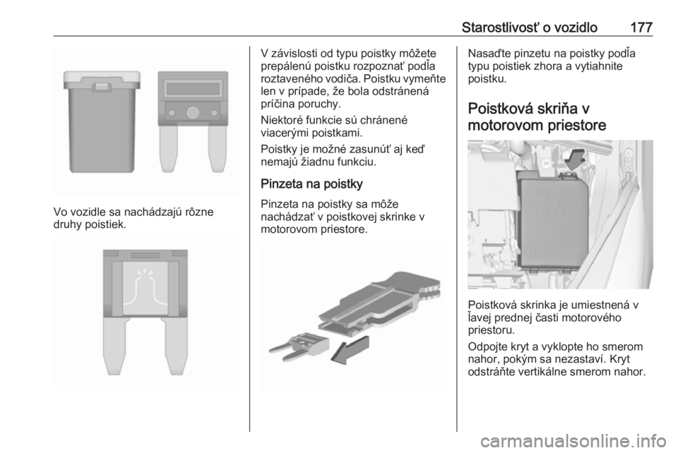 OPEL CORSA E 2019  Používateľská príručka (in Slovak) Starostlivosť o vozidlo177
Vo vozidle sa nachádzajú rôzne
druhy poistiek.
V závislosti od typu poistky môžete
prepálenú poistku rozpoznať podľa
roztaveného vodiča. Poistku vymeňte len v 