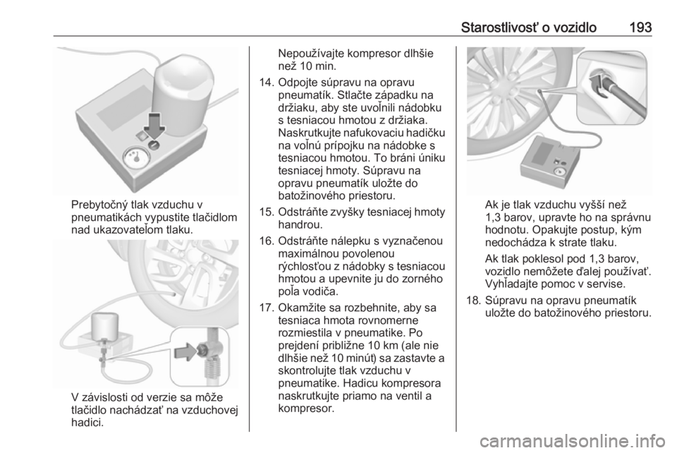 OPEL CORSA E 2019  Používateľská príručka (in Slovak) Starostlivosť o vozidlo193
Prebytočný tlak vzduchu v
pneumatikách vypustite tlačidlom
nad ukazovateľom tlaku.
V závislosti od verzie sa môže
tlačidlo nachádzať na vzduchovej
hadici.
Nepou�