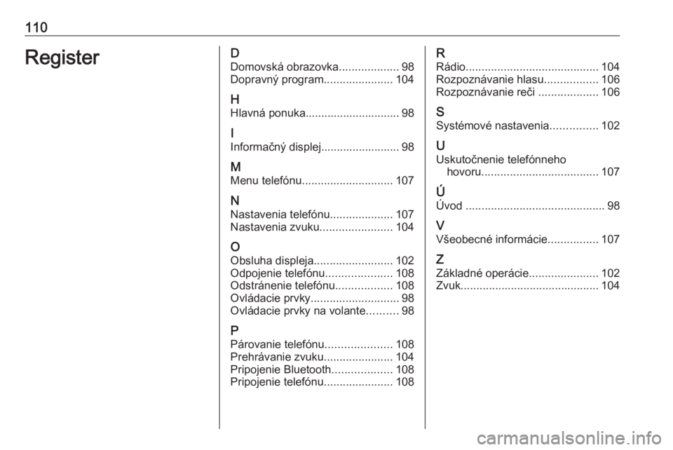 OPEL CORSA F 2020  Návod na obsluhu informačného systému (in Slovak) 110RegisterDDomovská obrazovka ...................98
Dopravný program ......................104
H Hlavná ponuka.............................. 98
I
Informačný displej......................... 98
M