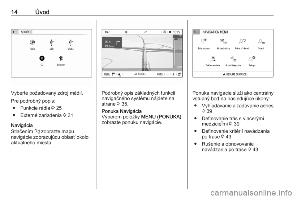OPEL CORSA F 2020  Návod na obsluhu informačného systému (in Slovak) 14Úvod
Vyberte požadovaný zdroj médií.
Pre podrobný popis: ● Funkcie rádia  3 25
● Externé zariadenia  3 31
Navigácia
Stlačením  c zobrazte mapu
navigácie zobrazujúcu oblasť okolo
ak