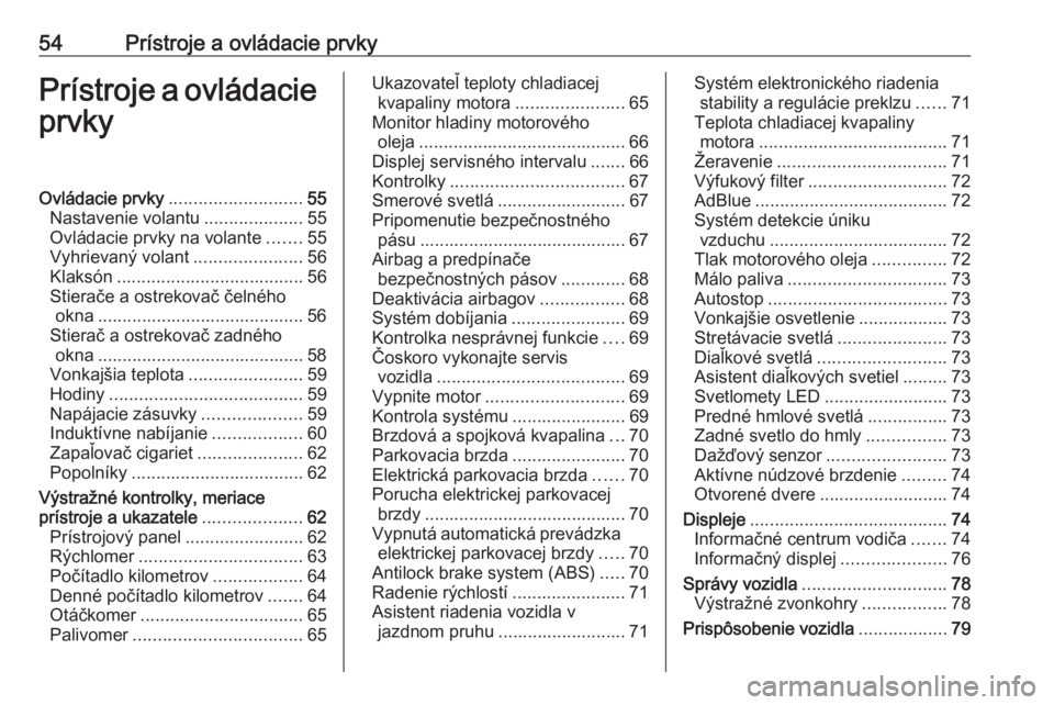OPEL CORSA F 2020  Používateľská príručka (in Slovak) 54Prístroje a ovládacie prvkyPrístroje a ovládacieprvkyOvládacie prvky ........................... 55
Nastavenie volantu ....................55
Ovládacie prvky na volante .......55
Vyhrievaný v