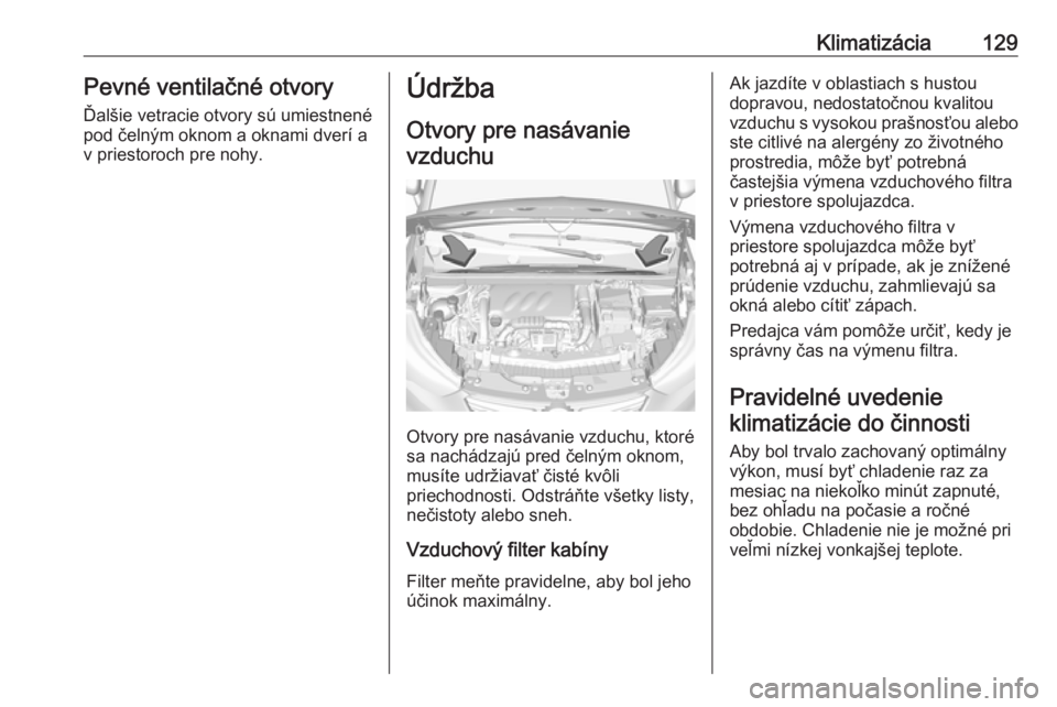 OPEL CROSSLAND X 2017.75  Používateľská príručka (in Slovak) Klimatizácia129Pevné ventilačné otvory
Ďalšie vetracie otvory sú umiestnené
pod čelným oknom a oknami dverí a
v priestoroch pre nohy.Údržba
Otvory pre nasávanie vzduchu
Otvory pre nasáv