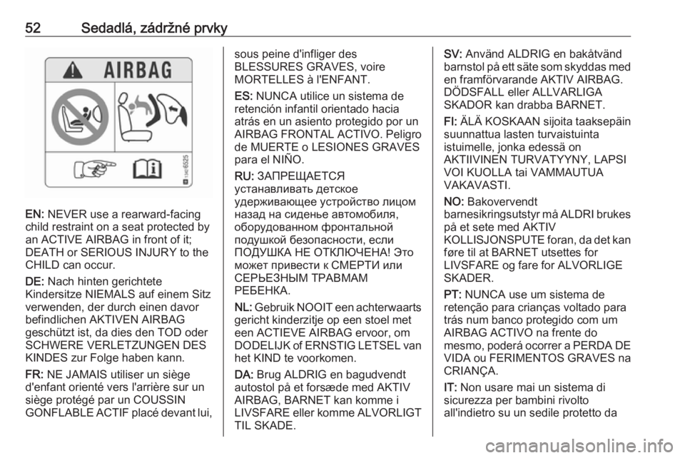 OPEL CROSSLAND X 2017.75  Používateľská príručka (in Slovak) 52Sedadlá, zádržné prvky
EN: NEVER use a rearward-facing
child restraint on a seat protected by
an ACTIVE AIRBAG in front of it;
DEATH or SERIOUS INJURY to the
CHILD can occur.
DE:  Nach hinten ge