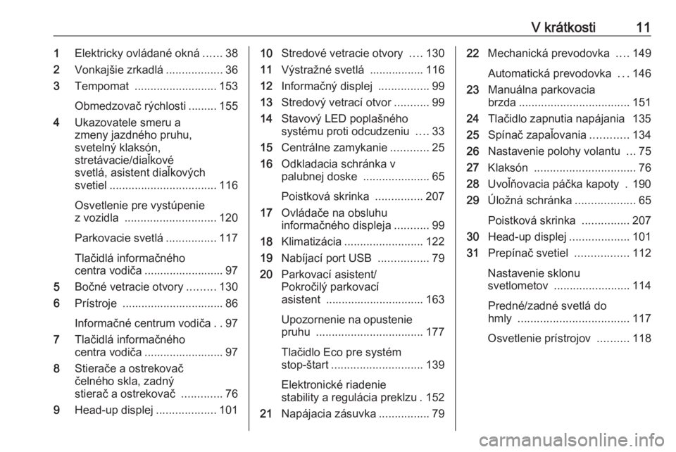 OPEL CROSSLAND X 2018  Používateľská príručka (in Slovak) V krátkosti111Elektricky ovládané okná ......38
2 Vonkajšie zrkadlá ..................36
3 Tempomat  .......................... 153
Obmedzovač rýchlosti ......... 155
4 Ukazovatele smeru a
zme
