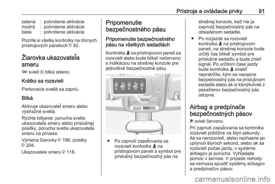 OPEL CROSSLAND X 2018  Používateľská príručka (in Slovak) Prístroje a ovládacie prvky91zelená:potvrdenie aktiváciemodrá:potvrdenie aktiváciebiela:potvrdenie aktivácie
Pozrite si všetky kontrolky na rôznych
prístrojových paneloch  3 82.
Žiarovka u