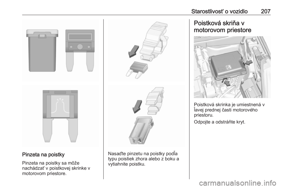 OPEL CROSSLAND X 2018.5  Používateľská príručka (in Slovak) Starostlivosť o vozidlo207
Pinzeta na poistky
Pinzeta na poistky sa môže
nachádzať v poistkovej skrinke v motorovom priestore.Nasaďte pinzetu na poistky podľa
typu poistiek zhora alebo z boku a