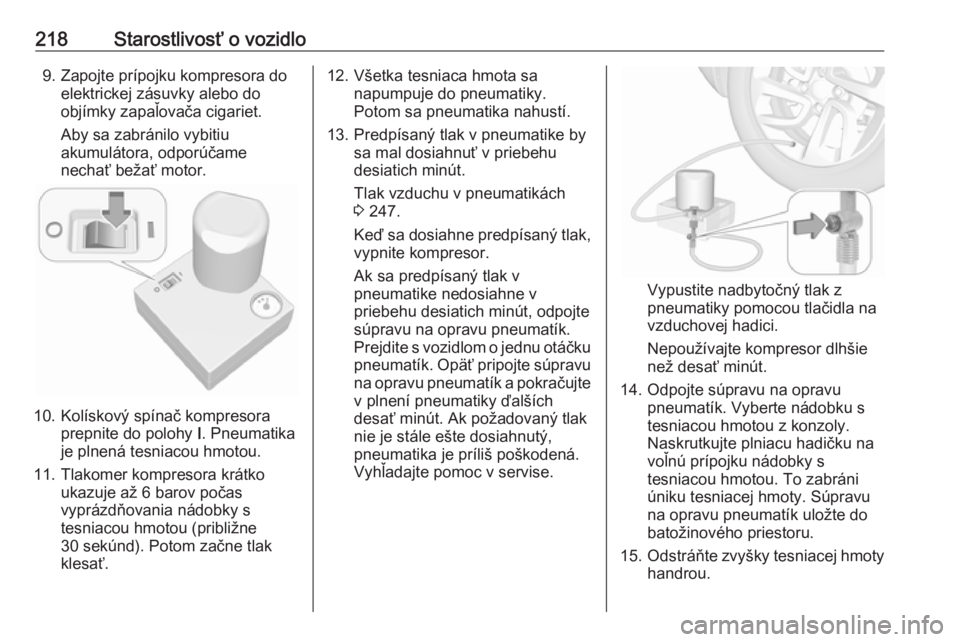 OPEL CROSSLAND X 2018.5  Používateľská príručka (in Slovak) 218Starostlivosť o vozidlo9. Zapojte prípojku kompresora doelektrickej zásuvky alebo do
objímky zapaľovača cigariet.
Aby sa zabránilo vybitiu
akumulátora, odporúčame
nechať bežať motor.
1