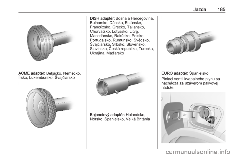 OPEL CROSSLAND X 2019  Používateľská príručka (in Slovak) Jazda185
ACME adaptér: Belgicko, Nemecko,
Írsko, Luxembursko, Švajčiarsko
DISH adaptér:  Bosna a Hercegovina,
Bulharsko, Dánsko, Estónsko,
Francúzsko, Grécko, Taliansko,
Chorvátsko, Lotyšsk