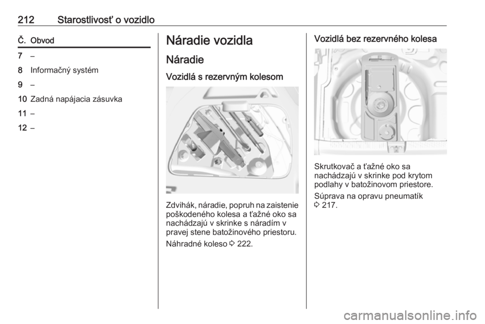 OPEL CROSSLAND X 2019  Používateľská príručka (in Slovak) 212Starostlivosť o vozidloČ.Obvod7–8Informačný systém9–10Zadná napájacia zásuvka11–12–Náradie vozidla
Náradie Vozidlá s rezervným kolesom
Zdvihák, náradie, popruh na zaistenie
po