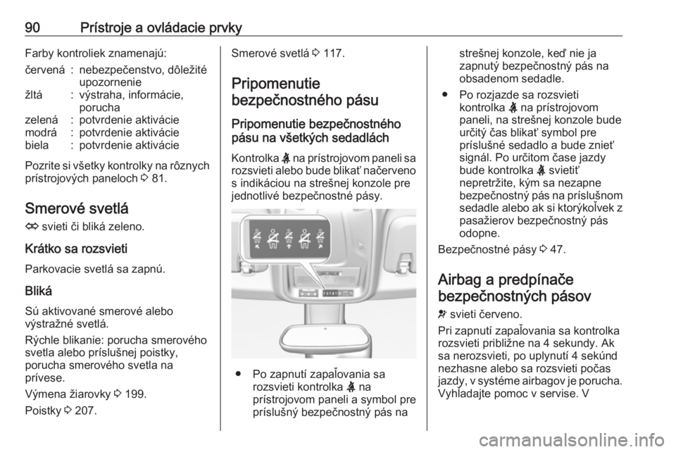 OPEL CROSSLAND X 2019  Používateľská príručka (in Slovak) 90Prístroje a ovládacie prvkyFarby kontroliek znamenajú:červená:nebezpečenstvo, dôležité
upozorneniežltá:výstraha, informácie,
poruchazelená:potvrdenie aktiváciemodrá:potvrdenie aktiv�