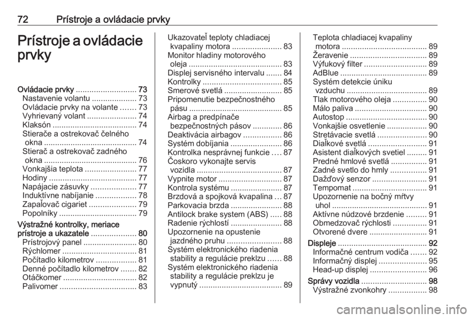 OPEL CROSSLAND X 2019.75  Používateľská príručka (in Slovak) 72Prístroje a ovládacie prvkyPrístroje a ovládacieprvkyOvládacie prvky ........................... 73
Nastavenie volantu ....................73
Ovládacie prvky na volante .......73
Vyhrievaný v
