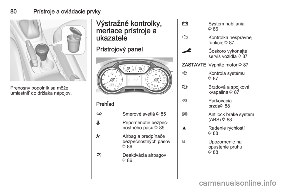 OPEL CROSSLAND X 2019.75  Používateľská príručka (in Slovak) 80Prístroje a ovládacie prvky
Prenosný popolník sa môže
umiestniť do držiaka nápojov.
Výstražné kontrolky,
meriace prístroje a
ukazatele
Prístrojový panel
Prehľad
OSmerové svetlá  3 