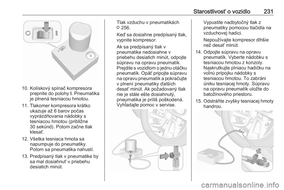 OPEL GRANDLAND X 2018  Používateľská príručka (in Slovak) Starostlivosť o vozidlo231
10. Kolískový spínač kompresoraprepnite do polohy  I. Pneumatika
je plnená tesniacou hmotou.
11. Tlakomer kompresora krátko ukazuje až 6 barov počas
vyprázdňovani