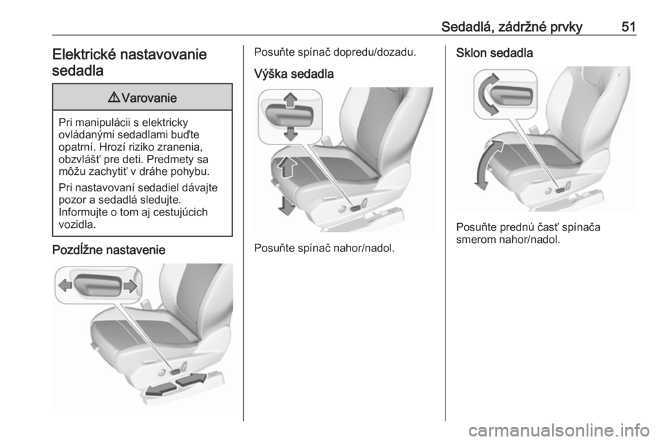 OPEL GRANDLAND X 2018  Používateľská príručka (in Slovak) Sedadlá, zádržné prvky51Elektrické nastavovaniesedadla9 Varovanie
Pri manipulácii s elektricky
ovládanými sedadlami buďte
opatrní. Hrozí riziko zranenia,
obzvlášť pre deti. Predmety sa
m