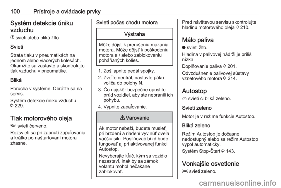 OPEL GRANDLAND X 2018.5  Používateľská príručka (in Slovak) 100Prístroje a ovládacie prvkySystém detekcie únikuvzduchu
w  svieti alebo bliká žlto.
Svieti Strata tlaku v pneumatikách na
jednom alebo viacerých kolesách.
Okamžite sa zastavte a skontrolu
