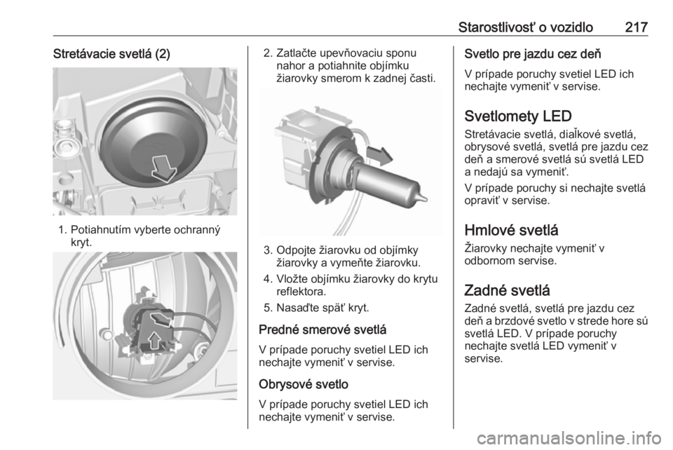 OPEL GRANDLAND X 2018.5  Používateľská príručka (in Slovak) Starostlivosť o vozidlo217Stretávacie svetlá (2)
1. Potiahnutím vyberte ochrannýkryt.
2. Zatlačte upevňovaciu sponunahor a potiahnite objímku
žiarovky smerom k zadnej časti.
3. Odpojte žiar