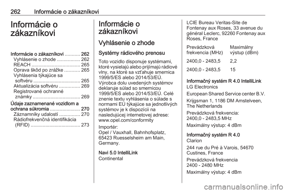 OPEL GRANDLAND X 2018.5 Používateľská príručka (in Slovak) 262Informácie o zákazníkoviInformácie o
zákazníkoviInformácie o zákazníkovi ...........262
Vyhlásenie o zhode .................262
REACH .................................... 265
Oprava škô OPEL GRANDLAND X 2018.5 Používateľská príručka (in Slovak) 262Informácie o zákazníkoviInformácie o
zákazníkoviInformácie o zákazníkovi ...........262
Vyhlásenie o zhode .................262
REACH .................................... 265
Oprava škô