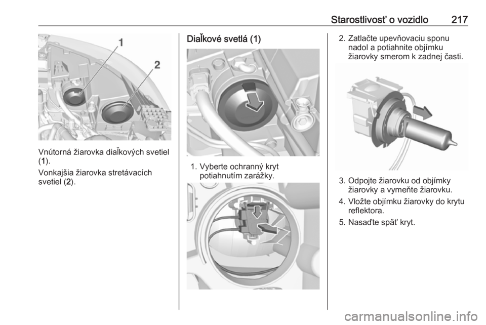 OPEL GRANDLAND X 2018.75  Používateľská príručka (in Slovak) Starostlivosť o vozidlo217
Vnútorná žiarovka diaľkových svetiel
( 1 ).
Vonkajšia žiarovka stretávacích
svetiel ( 2).
Diaľkové svetlá (1)
1. Vyberte ochranný kryt
potiahnutím zarážky.
