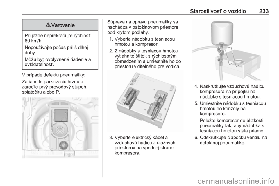 OPEL GRANDLAND X 2018.75  Používateľská príručka (in Slovak) Starostlivosť o vozidlo2339Varovanie
Pri jazde neprekračujte rýchlosť
80 km/h.
Nepoužívajte počas príliš dlhej
doby.
Môžu byť ovplyvnené riadenie a
ovládateľnosť.
V prípade defektu pn