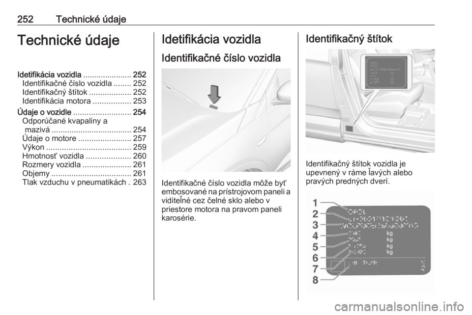 OPEL GRANDLAND X 2018.75  Používateľská príručka (in Slovak) 252Technické údajeTechnické údajeIdetifikácia vozidla......................252
Identifikačné číslo vozidla ........252
Identifikačný štítok ...................252
Identifikácia motora ..