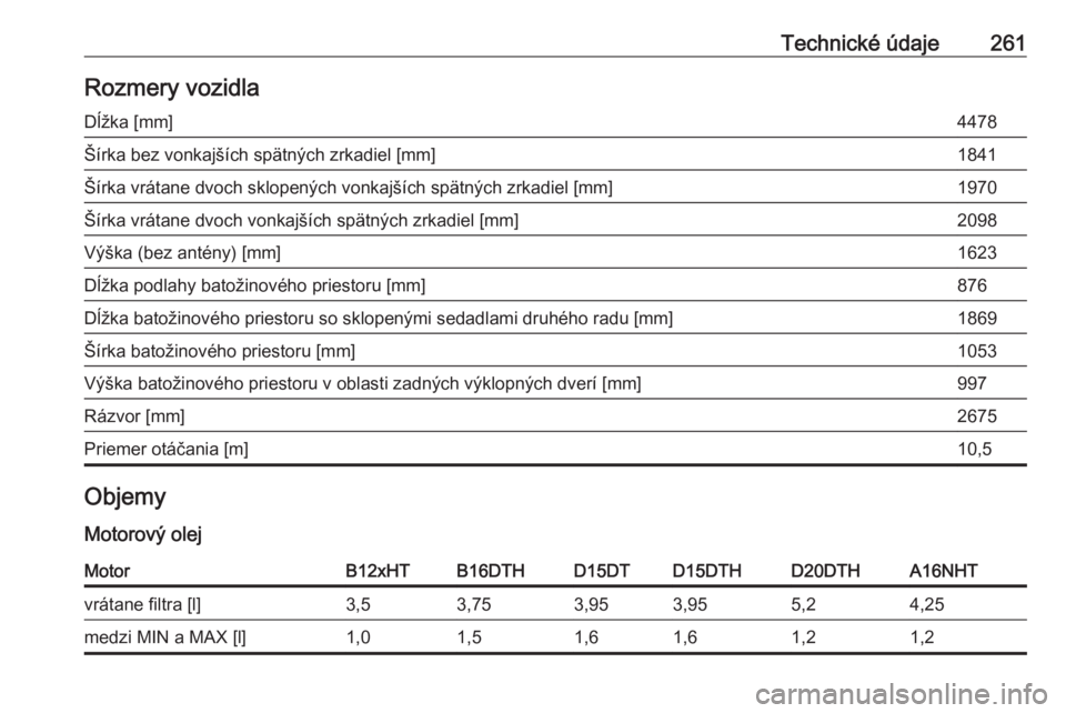 OPEL GRANDLAND X 2018.75  Používateľská príručka (in Slovak) Technické údaje261Rozmery vozidlaDĺžka [mm]4478Šírka bez vonkajších spätných zrkadiel [mm]1841Šírka vrátane dvoch sklopených vonkajších spätných zrkadiel [mm]1970Šírka vrátane dvo