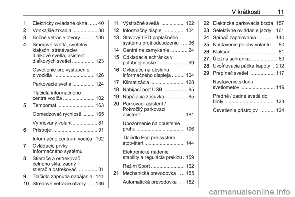 OPEL GRANDLAND X 2019  Používateľská príručka (in Slovak) V krátkosti111Elektricky ovládané okná ......40
2 Vonkajšie zrkadlá ..................38
3 Bočné vetracie otvory .........136
4 Smerové svetlá, svetelný
klaksón, stretávacie/
diaľkové s
